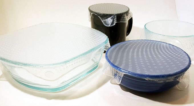 Silicone Stretch Wrap On a Variety Of Dishes