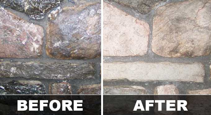 before and after cleaning soot stains on stone